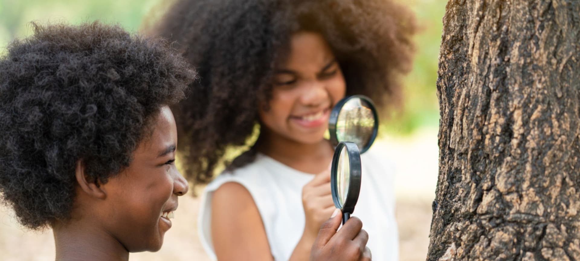 Two children smiling and using magnifying glasses to look closely at a tree trunk