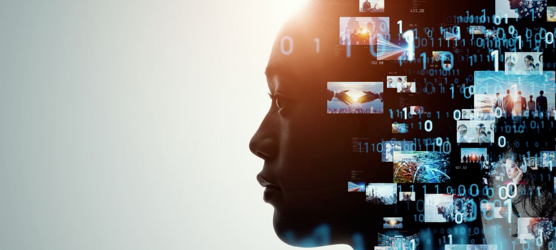 Persons face overlayed with digital images and numbers