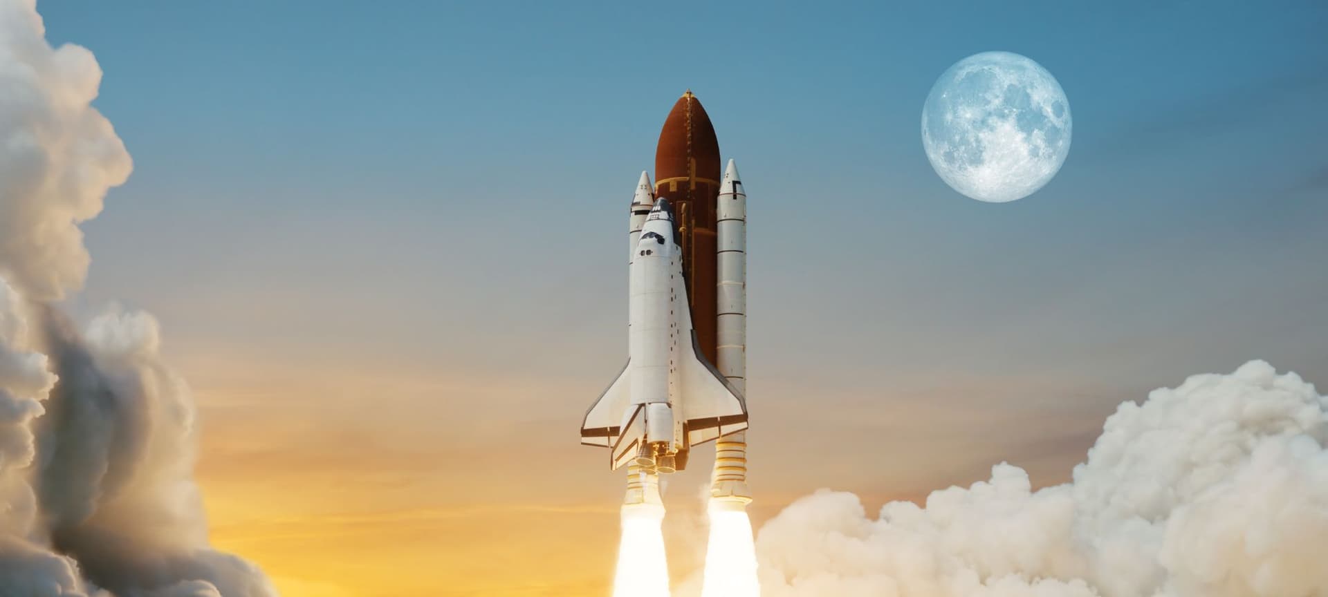 Space shuttle launching into space in front of picturesque backdrop of moon and sunlit sky