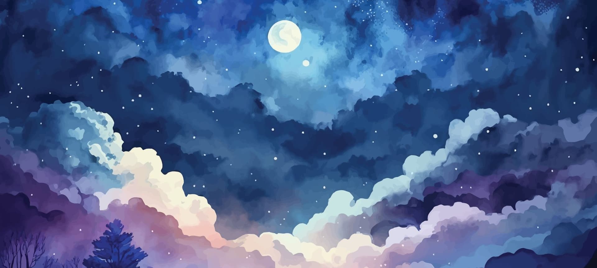 Digital rendering of night sky with the moon at the top, surrounded by stars and clouds lit in various shades of blue and purple by the moon.