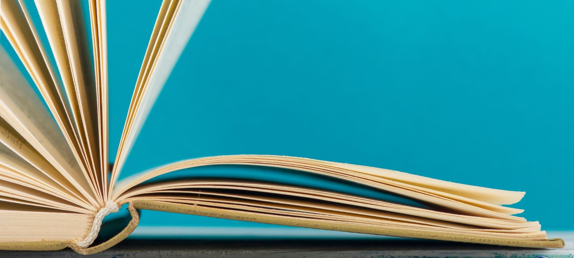 a side profile of an open book with pages in the air and blue backdrop