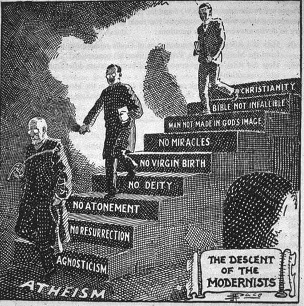 Illustration titled "Descent of the Modernists." A student, preacher, and scientist descend a staircase. Stairs toward the top of the staircase read "Bible not infallible" and "man not made in God's image." Steps toward the bottom of the staircase read "agnosticism" and "athiesm."