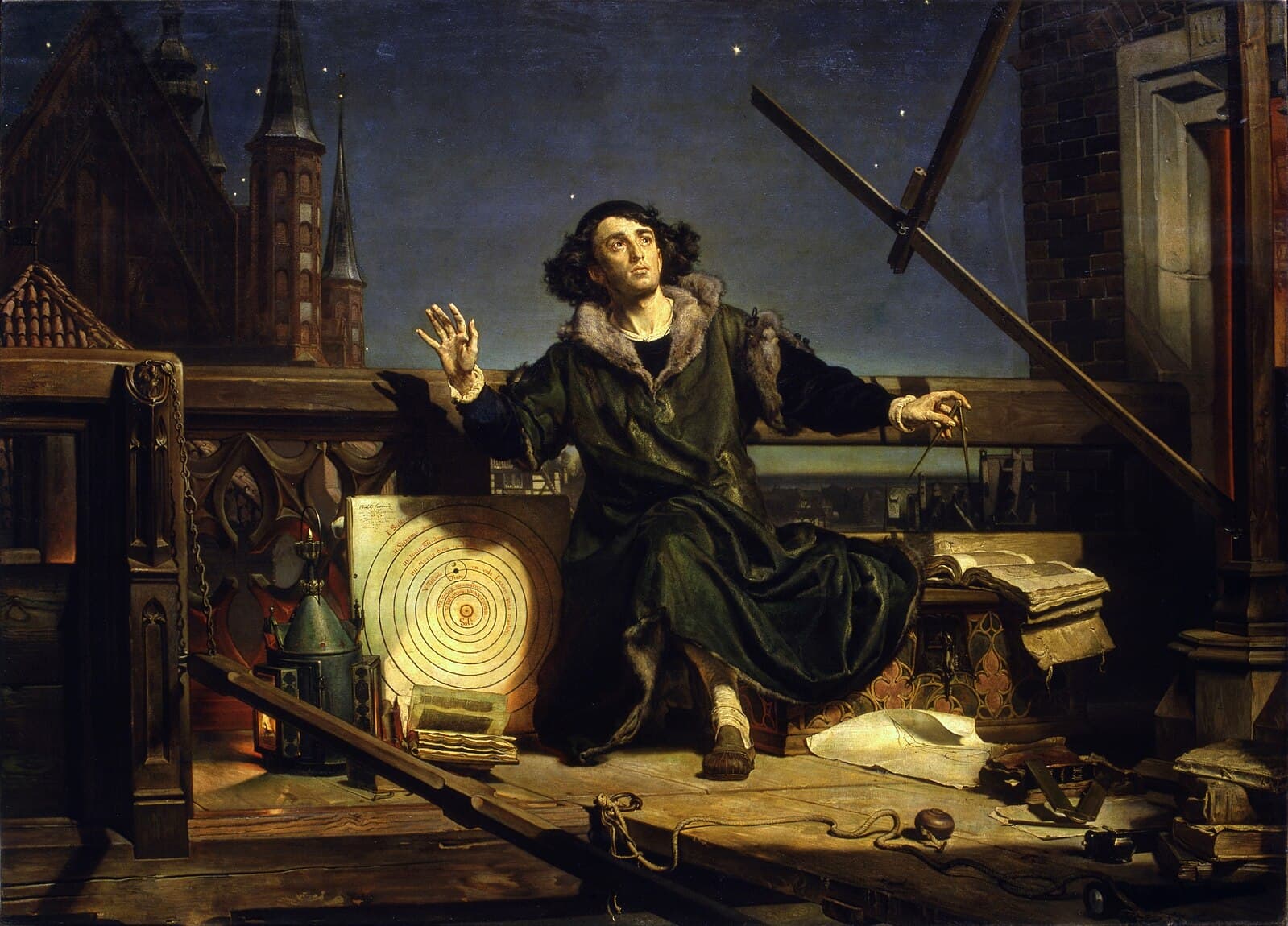 Painting. Nicolaus Copernicus observes the night sky from a balcony. He is surrounded by open books and scientific instruments.