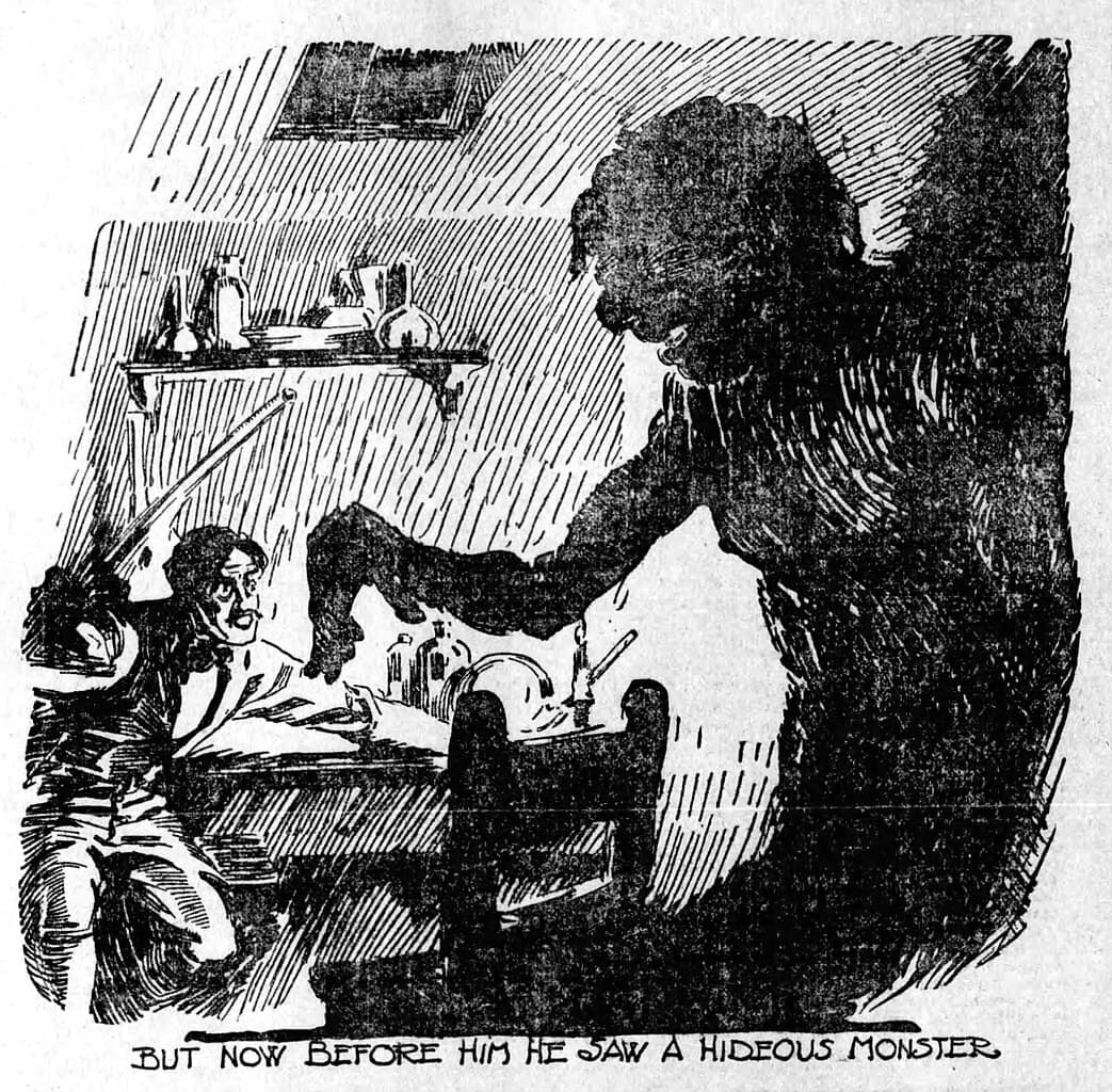 Illustration of Dr. Frankenstein reacting fearfully to the sight of his monster. Text below the illustration reads "But now before him he saw a hideous monster."
